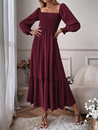 Maxi Dresses - Square Neck High Waist Long Sleeve Ruffle Dress - MsDressly