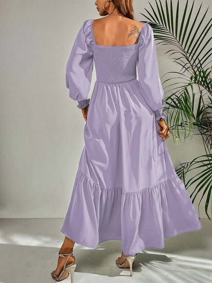 Maxi Dresses - Square Neck High Waist Long Sleeve Ruffle Dress - MsDressly