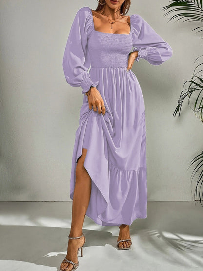 Square Neck High Waist Long Sleeve Ruffle Dress