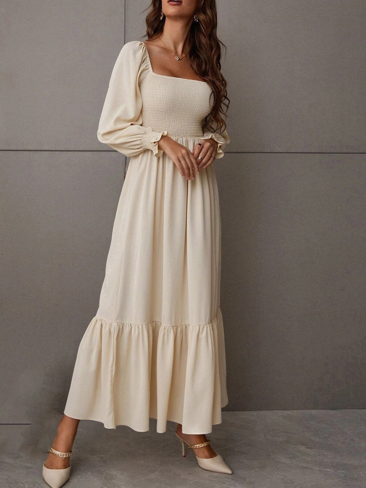 Maxi Dresses - Square Neck High Waist Long Sleeve Ruffle Dress - MsDressly