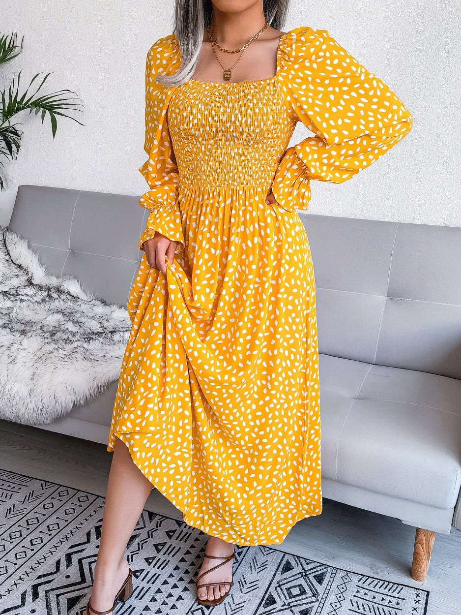 Women's Dresses Square Neck Printed Long Sleeve Dress - LuckyFash™