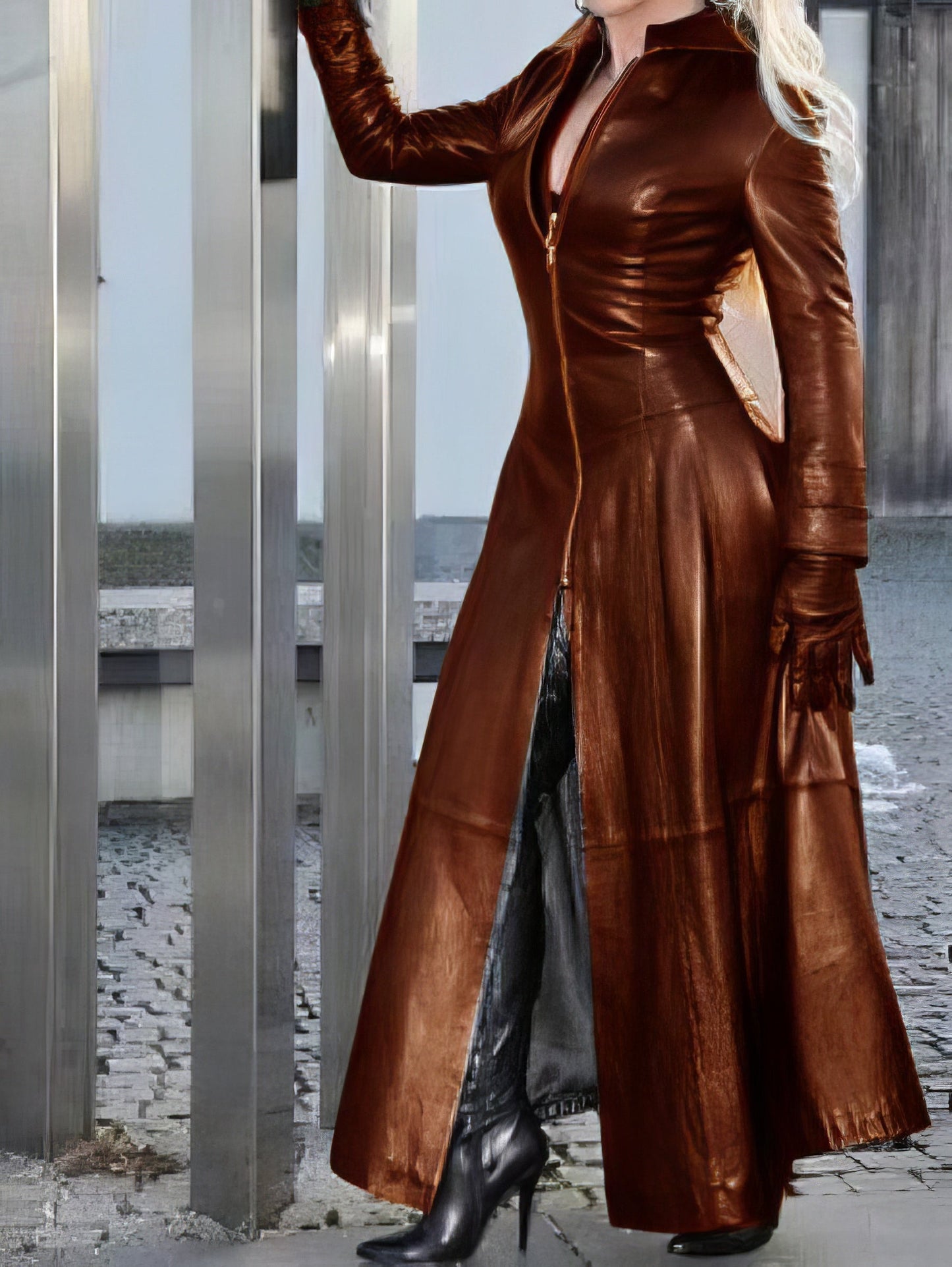 Maxi Dresses - Stand Collar Zipper Long Sleeve Leather Dress - MsDressly