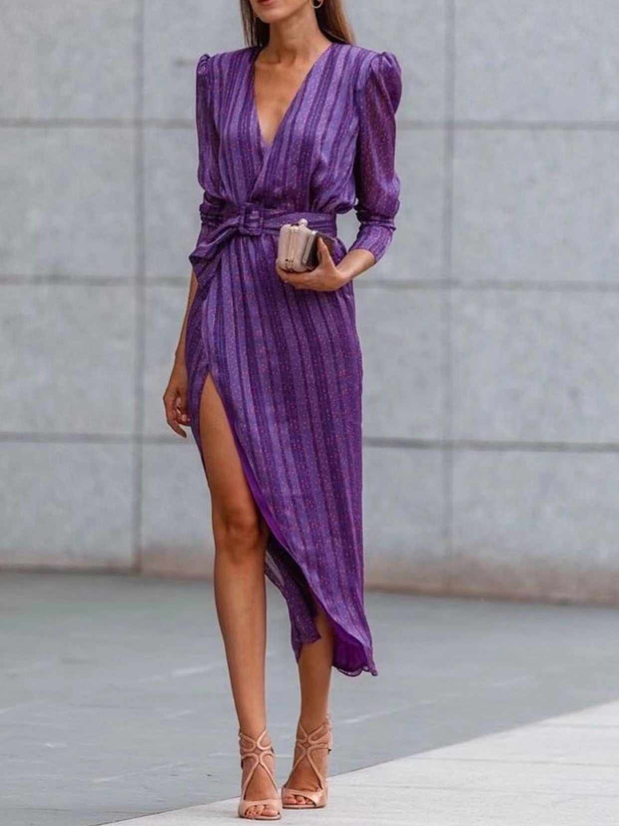 Dresses Striped Belt Long Sleeve Slit Dress for Women