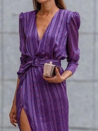 Women's Dresses Striped Belt Long Sleeve Slit Dress - LuckyFash™