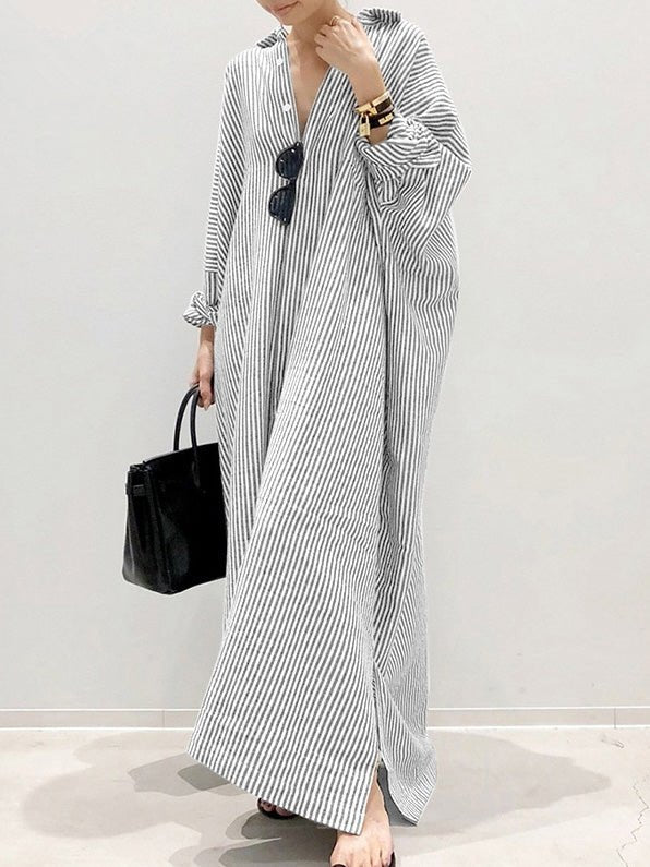 Striped Long Sleeve Slit Irregular Dress