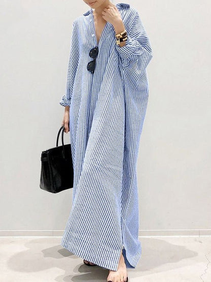 Maxi Dresses - Striped Long Sleeve Slit Irregular Dress - MsDressly