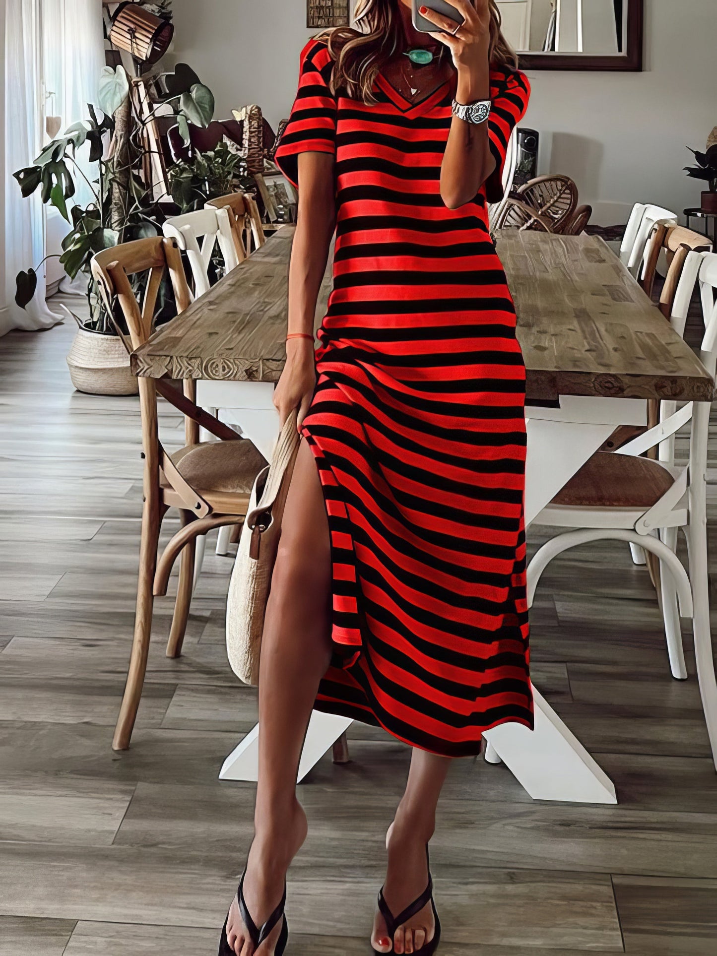 Maxi Dresses - Striped Print V-Neck Short Sleeve Slit Dress - MsDressly