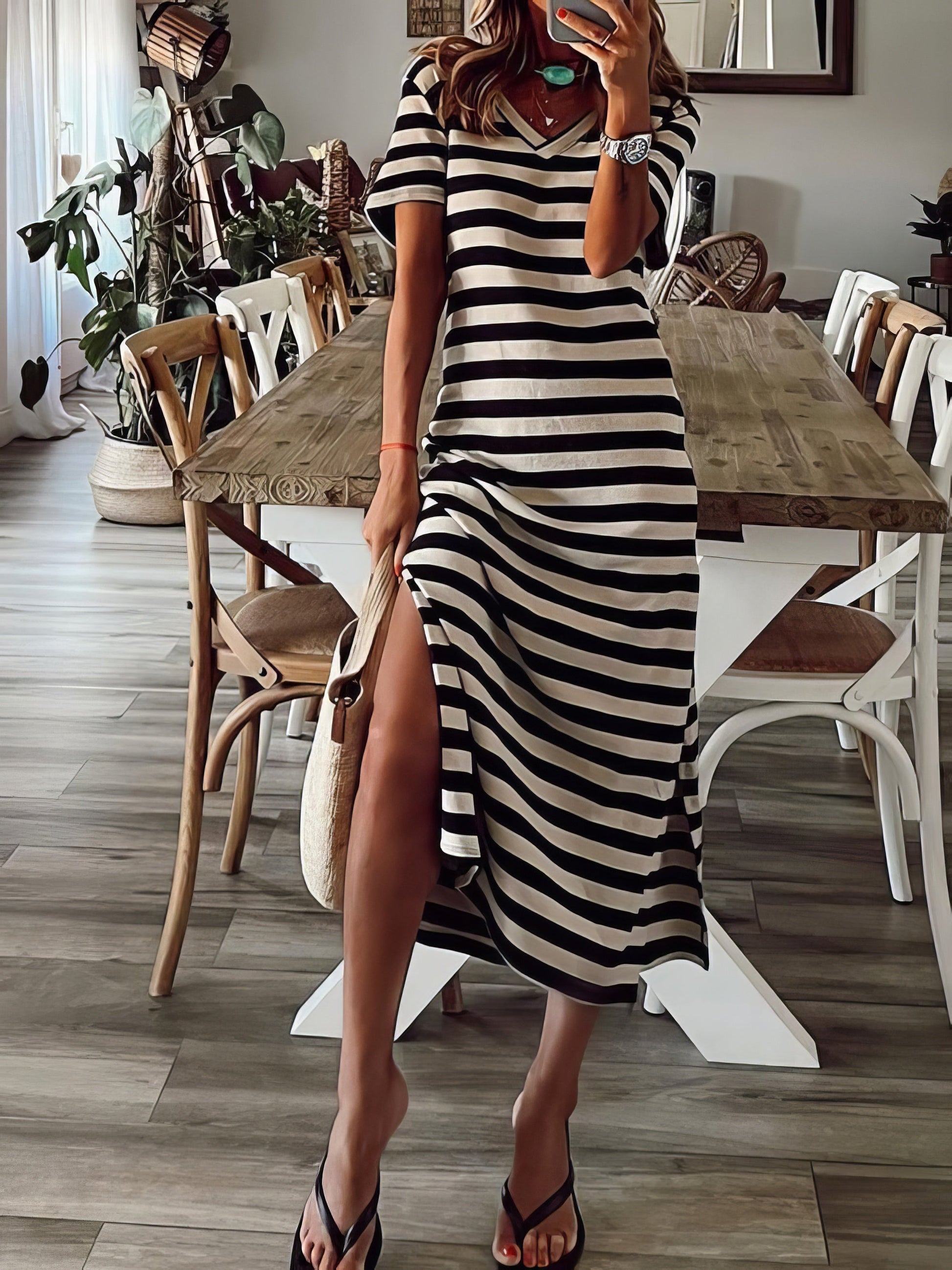 Maxi Dresses - Striped Print V-Neck Short Sleeve Slit Dress - MsDressly