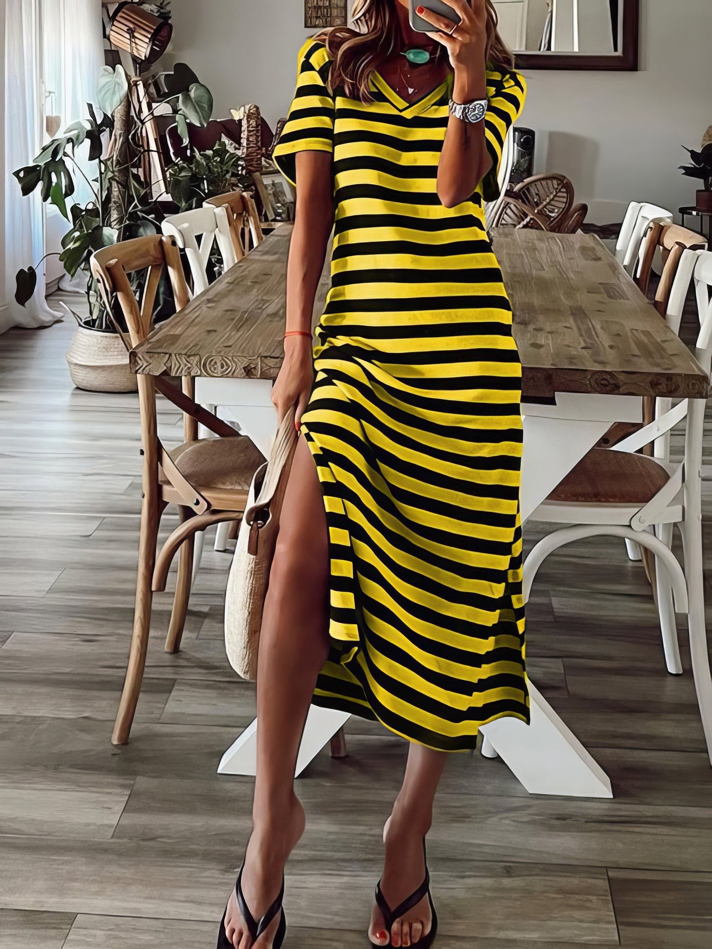 Maxi Dresses - Striped Print V-Neck Short Sleeve Slit Dress - MsDressly