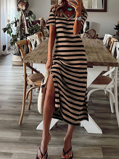 Maxi Dresses - Striped Print V-Neck Short Sleeve Slit Dress - MsDressly