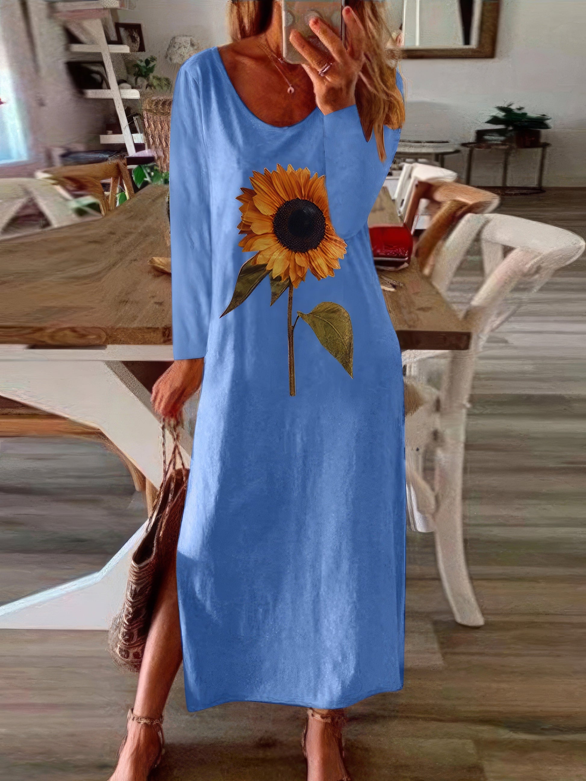 Maxi Dresses - Sunflower Print Slit Long Sleeve Dress - MsDressly