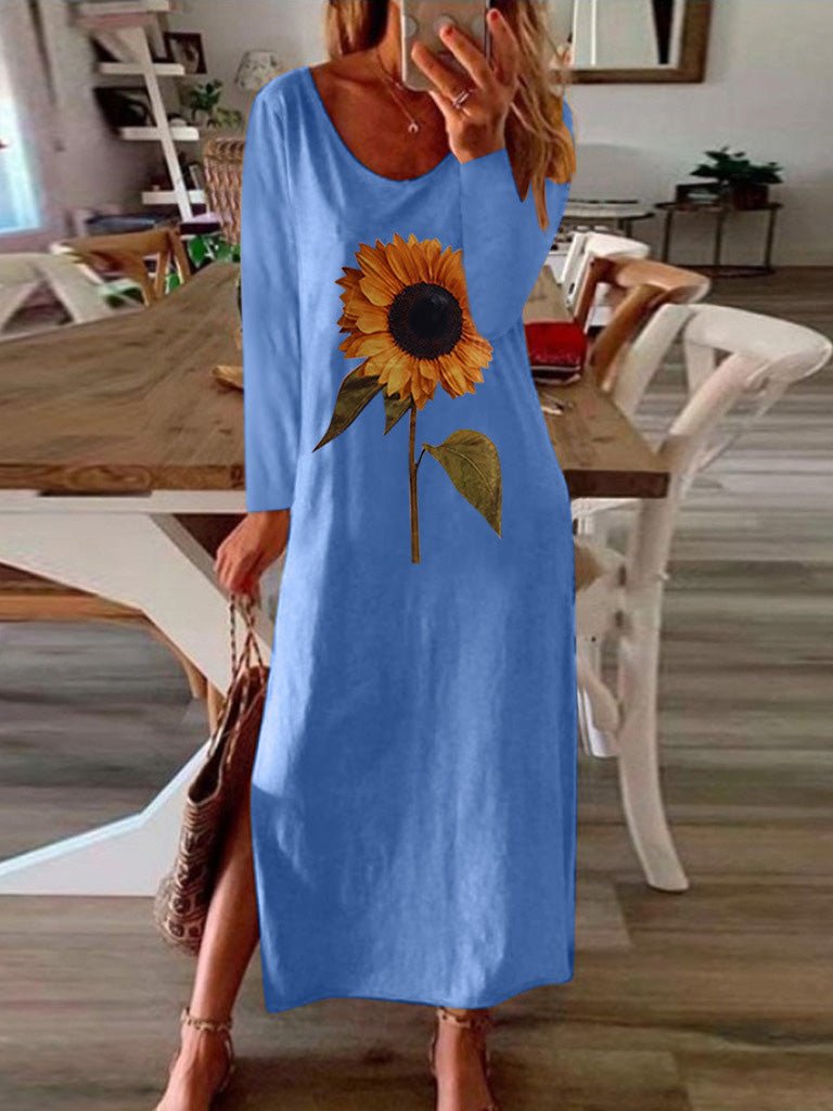 Women's Dresses Sunflower Print Slit Long Sleeve Dress - LuckyFash™