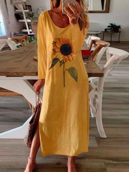 Maxi Dresses - Sunflower Print Slit Long Sleeve Dress - MsDressly