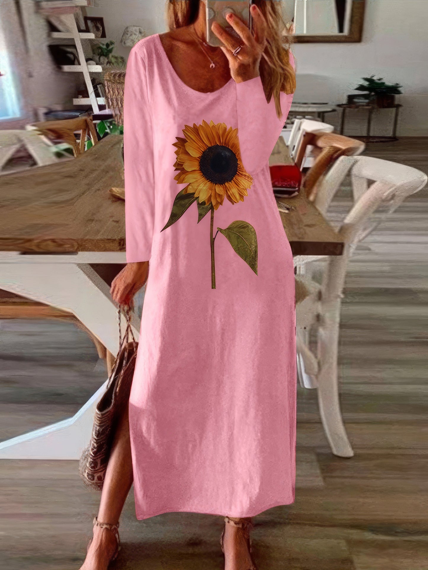 Maxi Dresses - Sunflower Print Slit Long Sleeve Dress - MsDressly