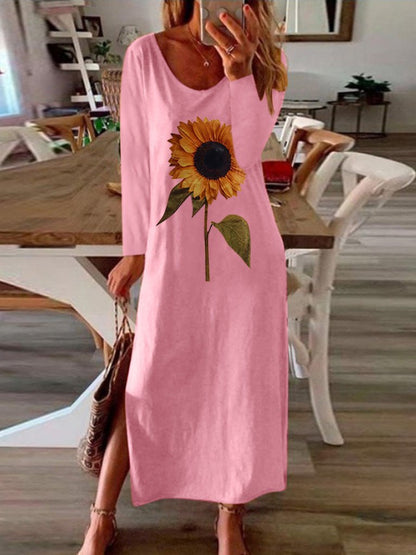 Women's Dresses Sunflower Print Slit Long Sleeve Dress - LuckyFash™