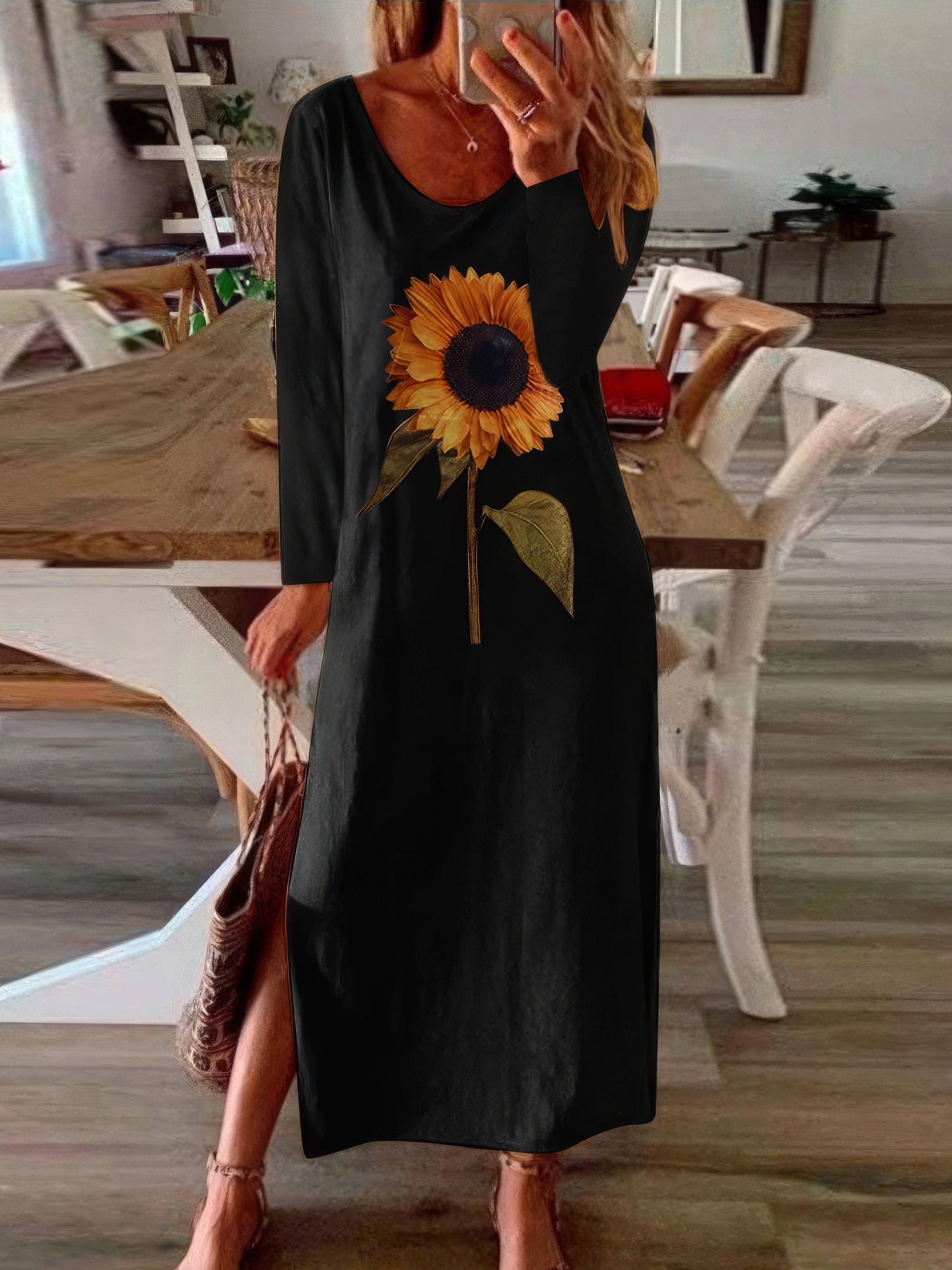 Maxi Dresses - Sunflower Print Slit Long Sleeve Dress - MsDressly