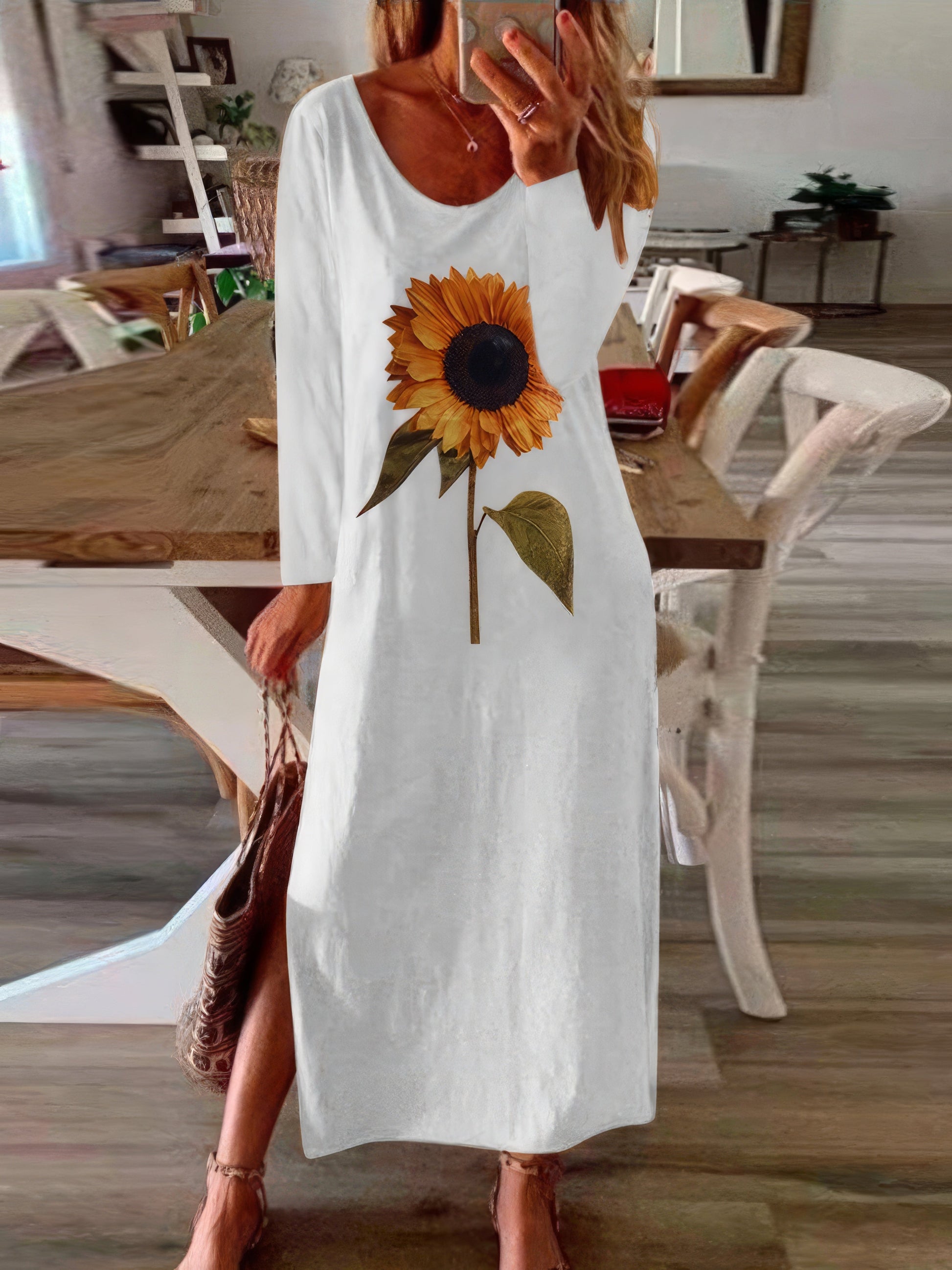 Maxi Dresses - Sunflower Print Slit Long Sleeve Dress - MsDressly