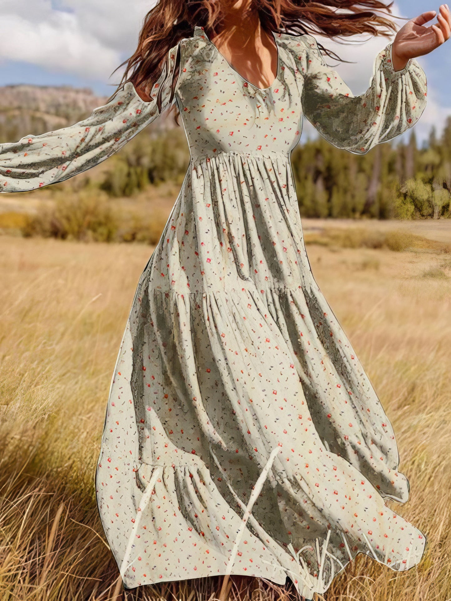 Maxi Dresses - Temperament Chiffon V-Neck Long Sleeve Dress - MsDressly