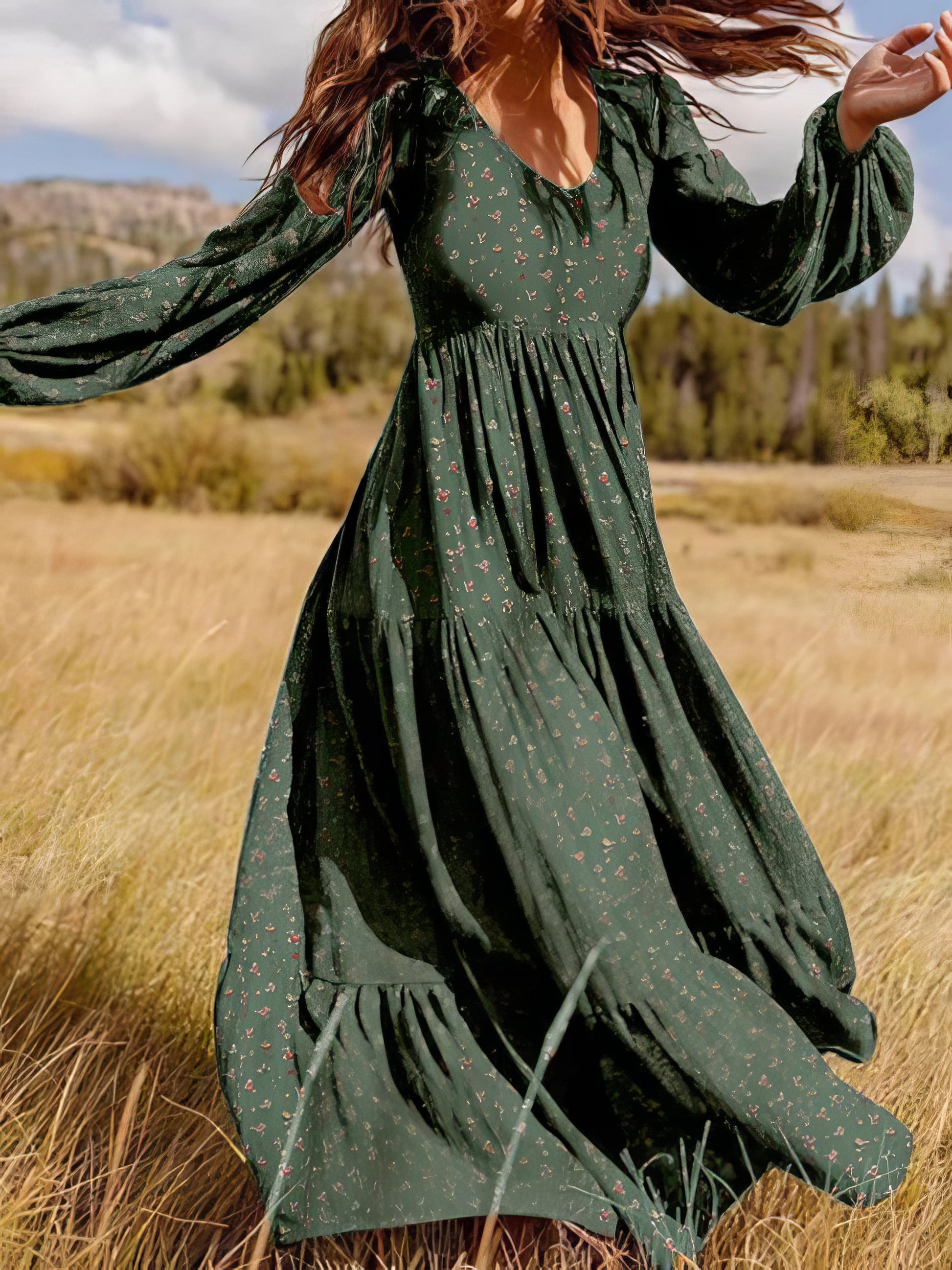 Maxi Dresses - Temperament Chiffon V-Neck Long Sleeve Dress - MsDressly