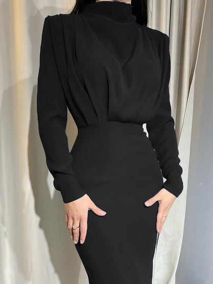 Temperament Solid High Collar Pleated Long Sleeve Dress