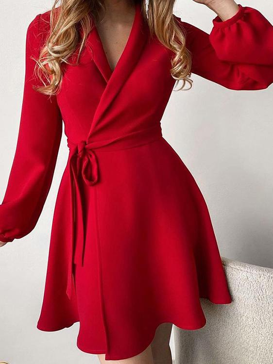 Dresses Temperament V-Neck Tie Long Sleeve Mini Dress for Women