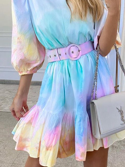 Women's Dresses Tie-Dye Print Ruffle Belt Half-Sleeve Dress - LuckyFash™