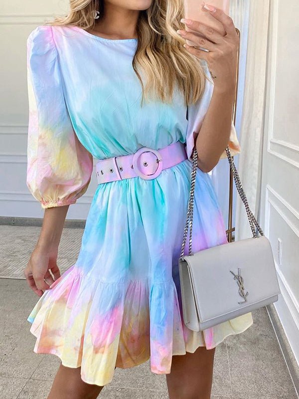 Women's Dresses Tie-Dye Print Ruffle Belt Half-Sleeve Dress - LuckyFash™