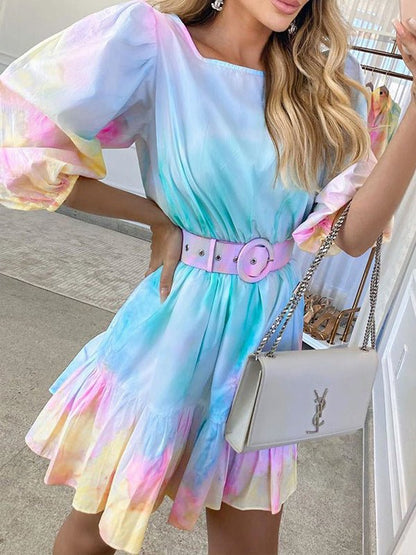 Women's Dresses Tie-Dye Print Ruffle Belt Half-Sleeve Dress - LuckyFash™