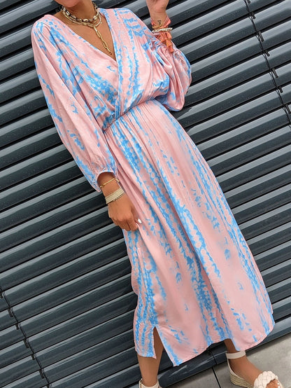 Dresses Tie-Dye Print V-Neck Long Sleeve Dress for Women