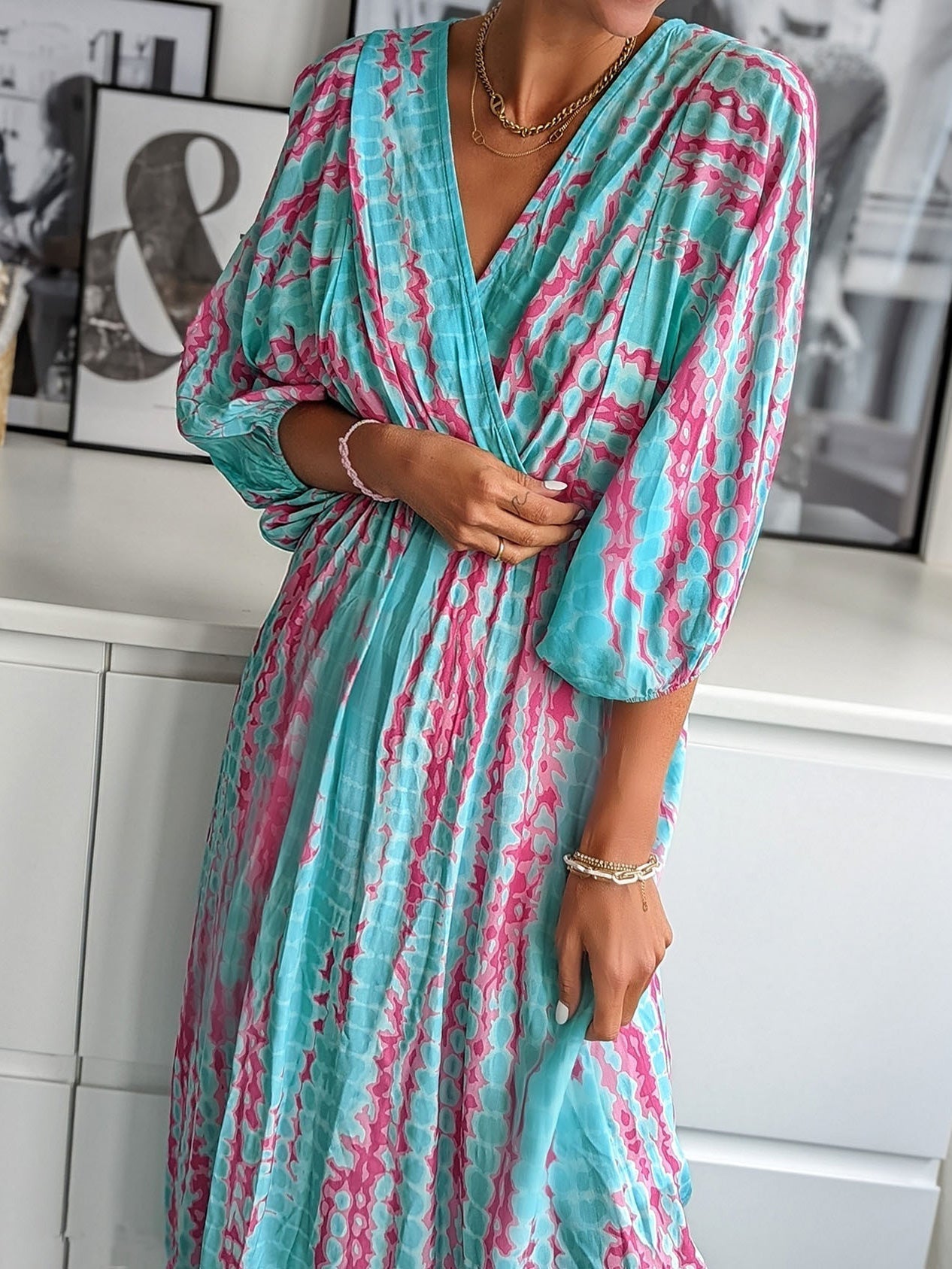 Women's Dresses Tie-Dye Print V-Neck Long Sleeve Dress - LuckyFash™