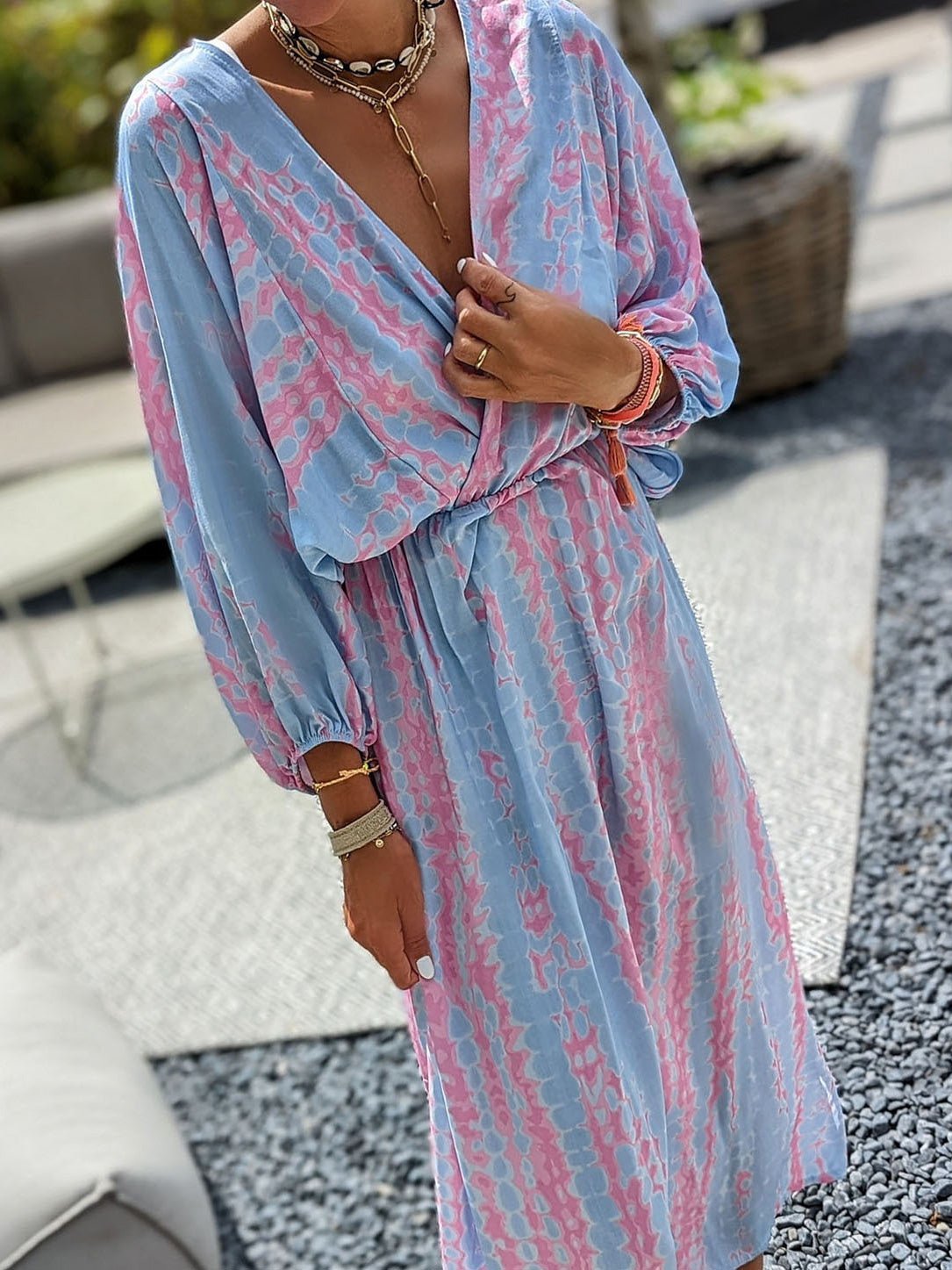 Dresses Tie-Dye Print V-Neck Long Sleeve Dress for Women