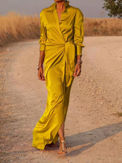 Maxi Dresses - Tie High Waist Long Sleeve Slit Dress - MsDressly