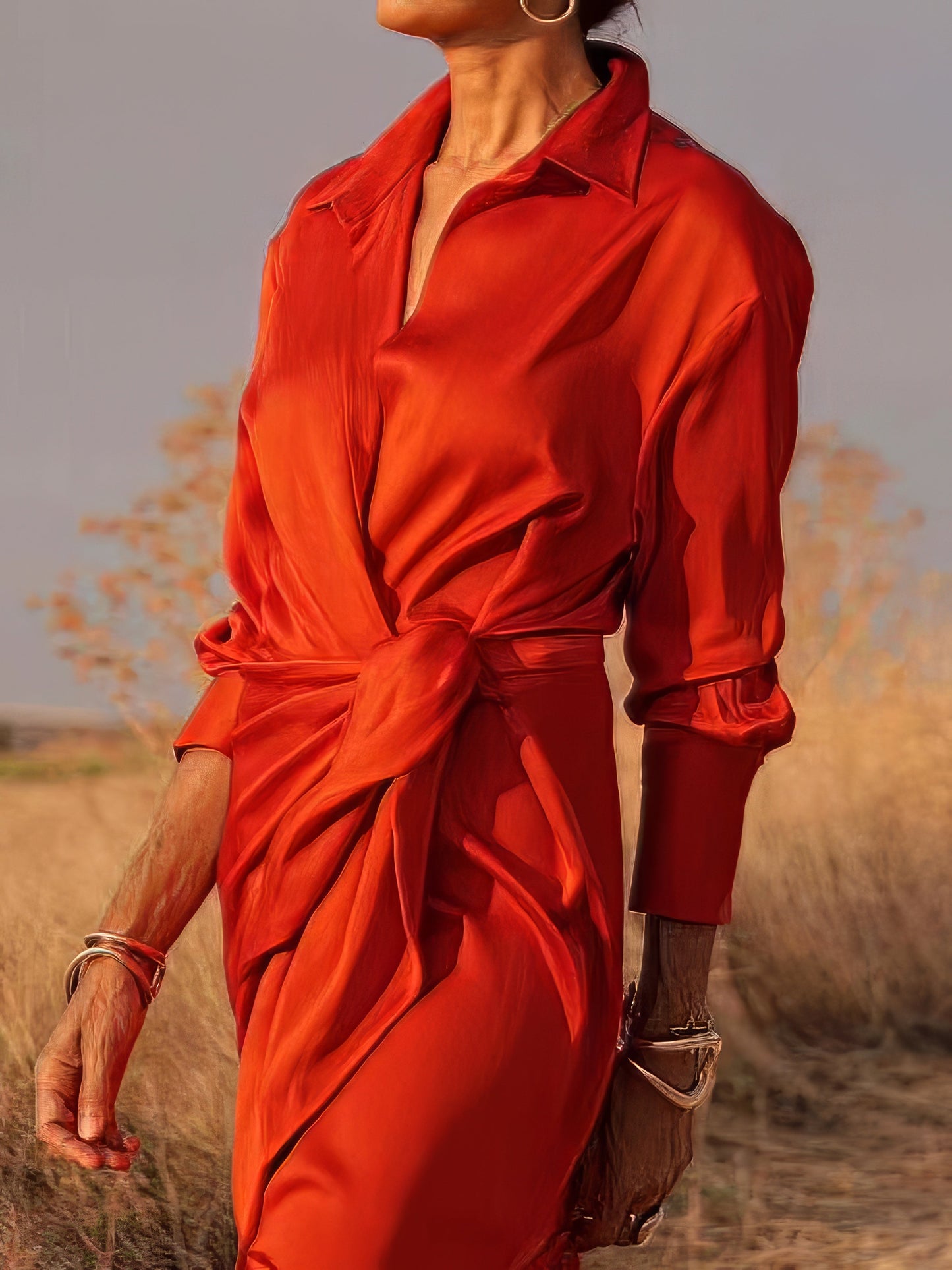 Maxi Dresses - Tie High Waist Long Sleeve Slit Dress - MsDressly