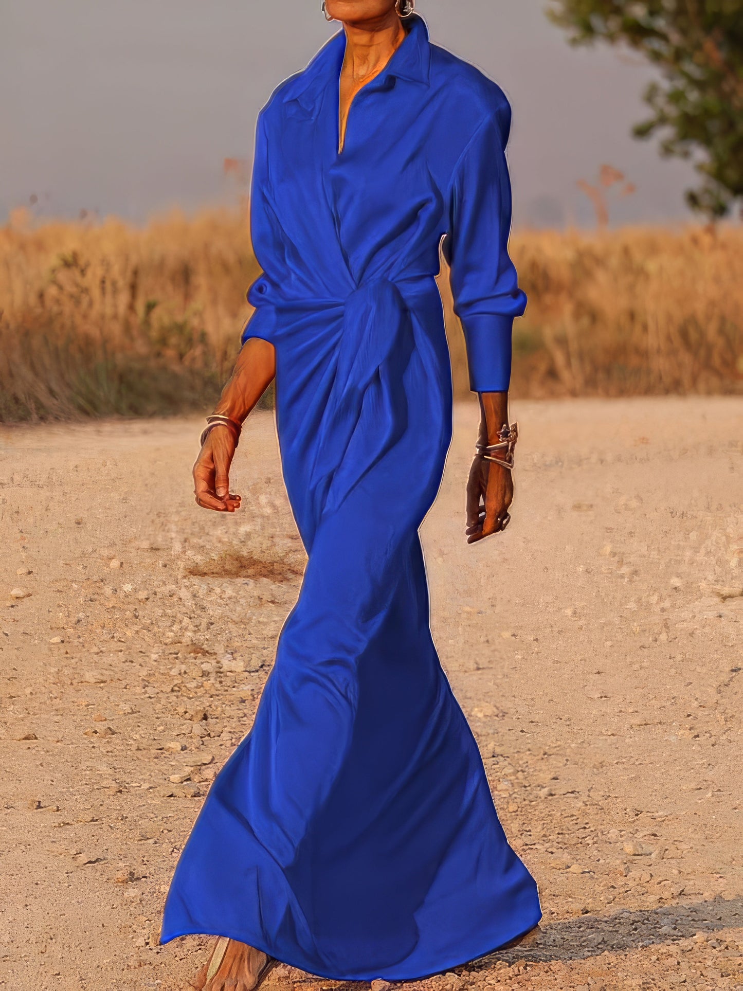 Maxi Dresses - Tie High Waist Long Sleeve Slit Dress - MsDressly