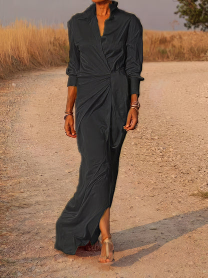 Maxi Dresses - Tie High Waist Long Sleeve Slit Dress - MsDressly