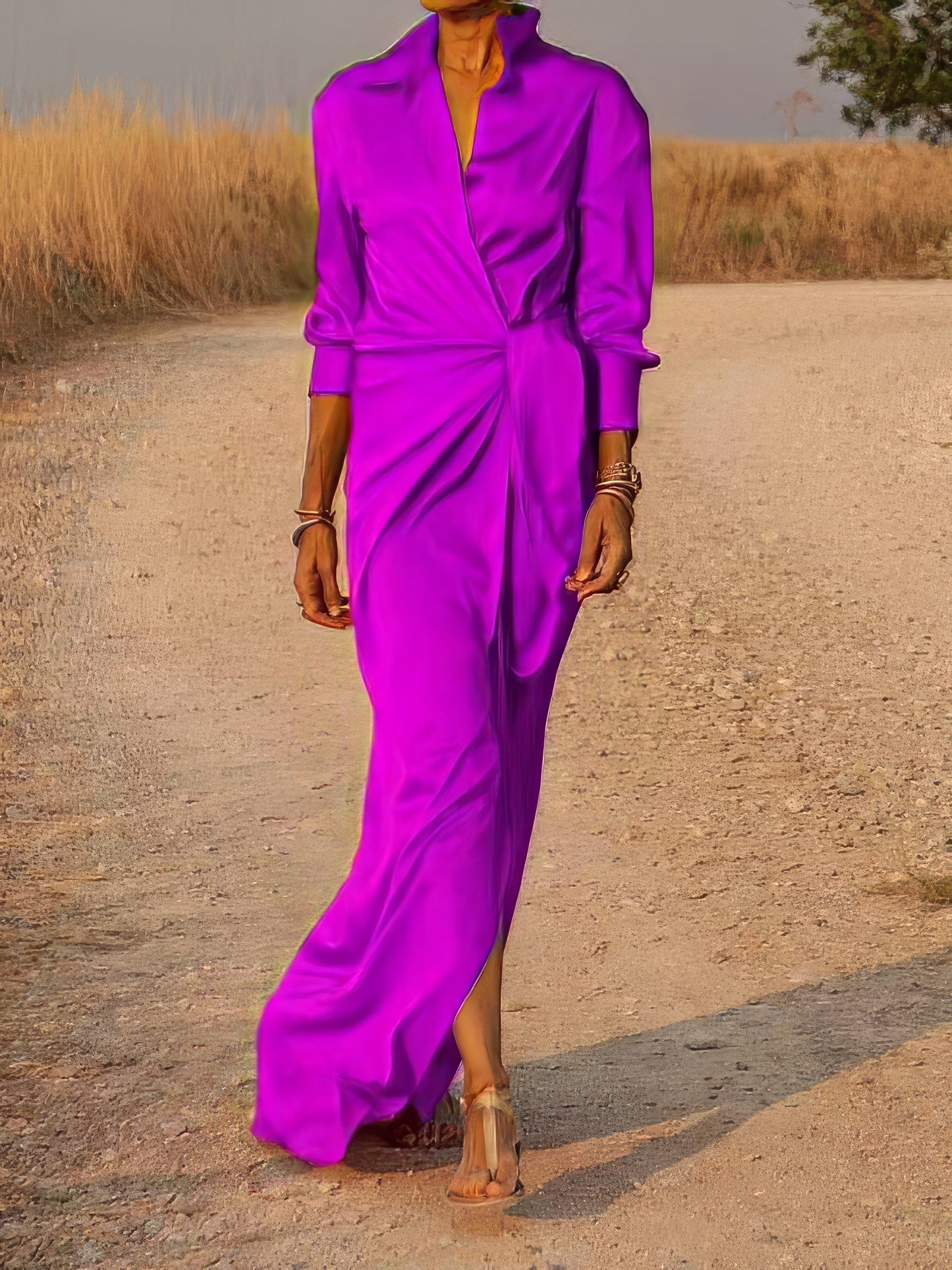 Maxi Dresses - Tie High Waist Long Sleeve Slit Dress - MsDressly