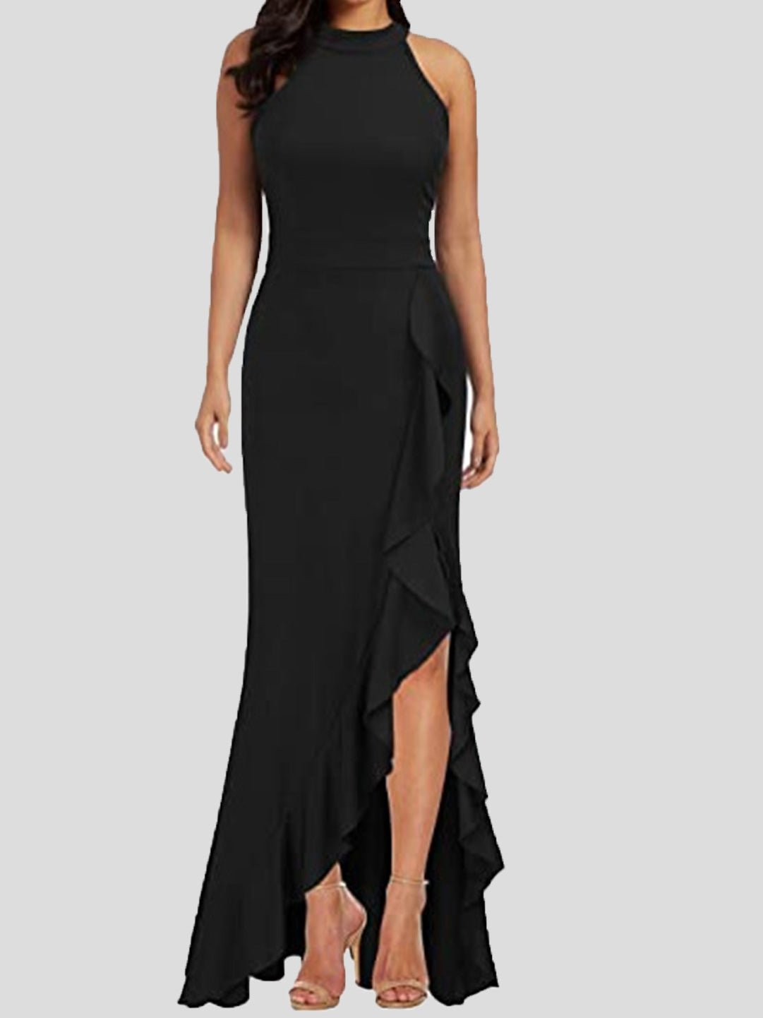 Maxi Dresses - Turtleneck Sleeveless Ruffle Slit Dress - MsDressly