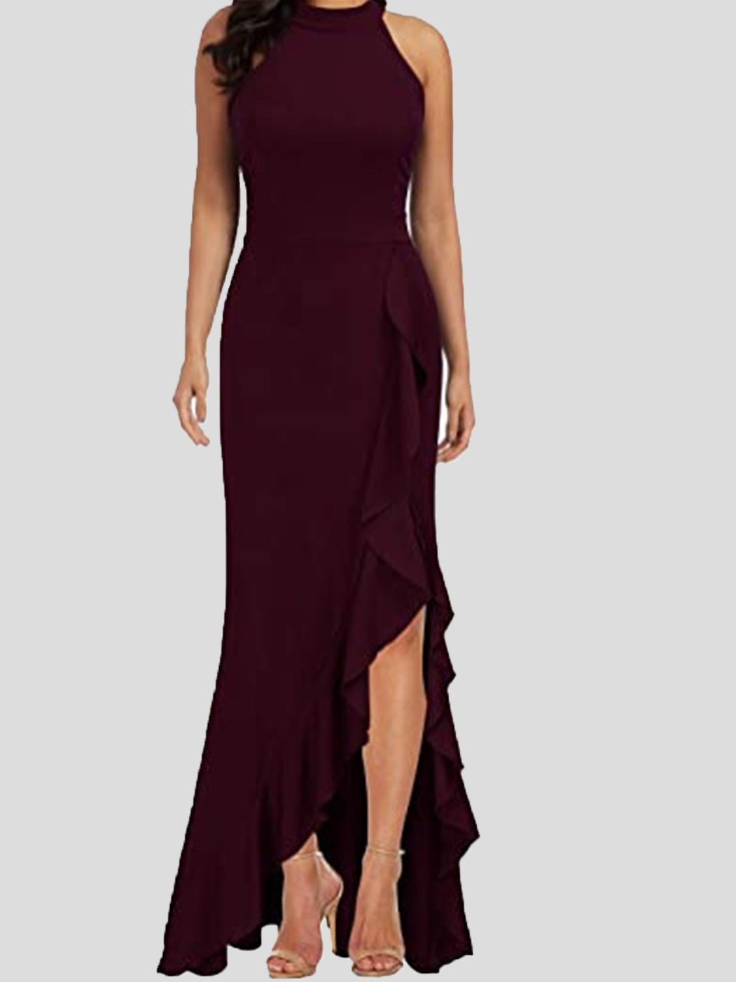 Maxi Dresses - Turtleneck Sleeveless Ruffle Slit Dress - MsDressly