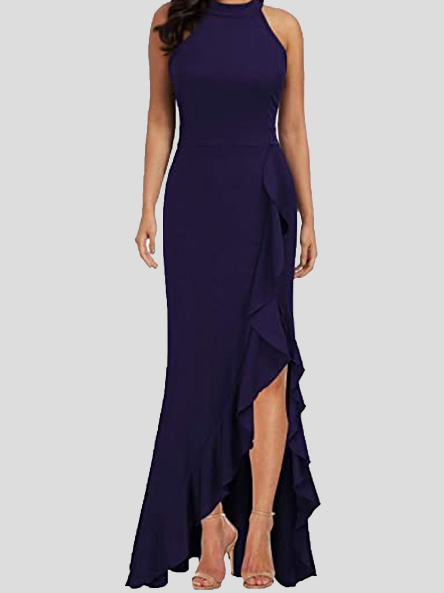 Maxi Dresses - Turtleneck Sleeveless Ruffle Slit Dress - MsDressly