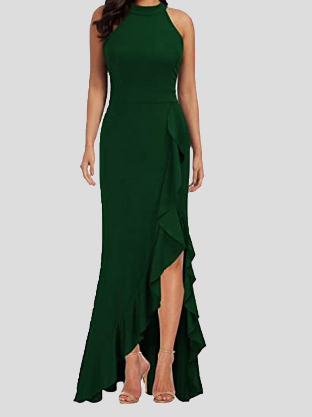 Maxi Dresses - Turtleneck Sleeveless Ruffle Slit Dress - MsDressly