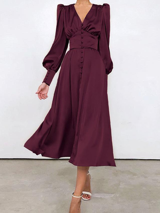 Women's Dresses V-Neck Button Lantern Long Sleeve Dress - LuckyFash™