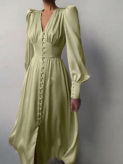 Dresses V-Neck Button Lantern Long Sleeve Dress for Women