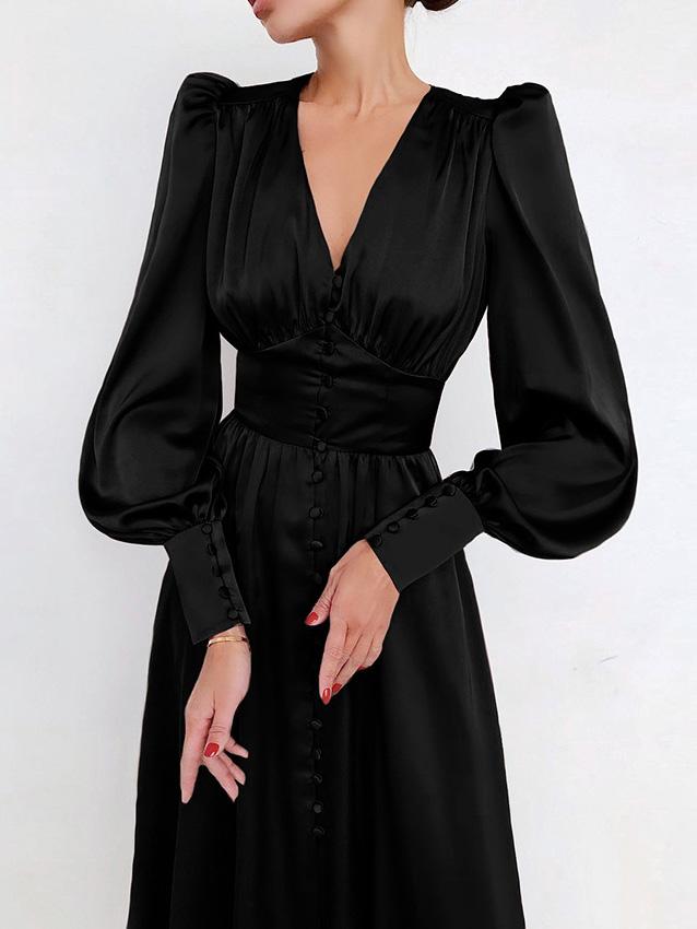 Dresses V-Neck Button Lantern Long Sleeve Dress for Women