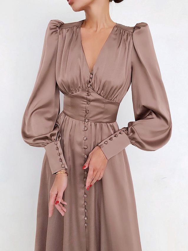 Women's Dresses V-Neck Button Lantern Long Sleeve Dress - LuckyFash™