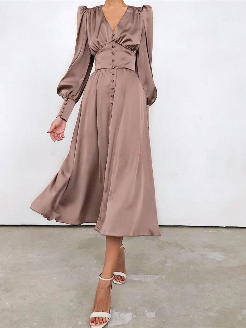 Women's Dresses V-Neck Button Lantern Long Sleeve Dress - LuckyFash™