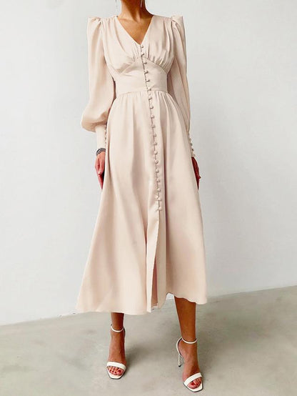 Dresses V-Neck Button Lantern Long Sleeve Dress for Women