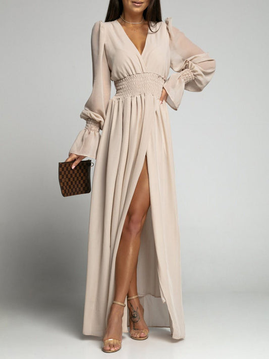 Dresses V-Neck Elastic Waist Long Sleeve Slit Dress for Women