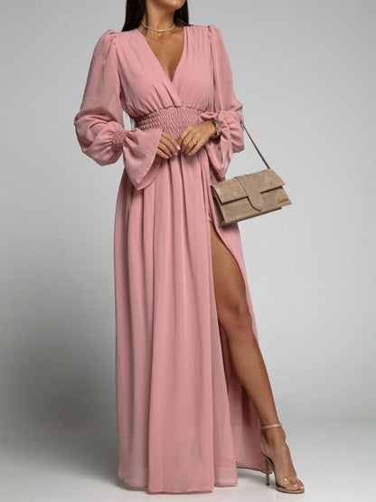 Women's Dresses V-Neck Elastic Waist Long Sleeve Slit Dress - LuckyFash™