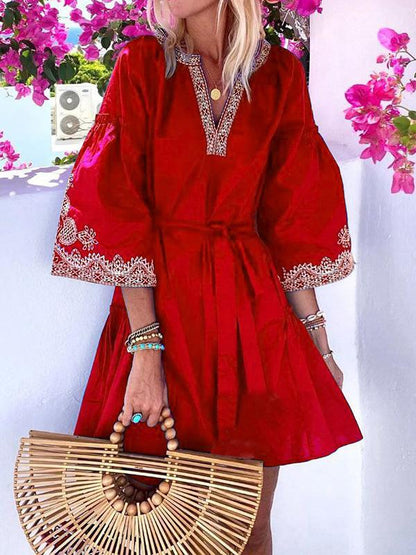 Dresses V-Neck Embroidered Bohemian Mini Dress for Women