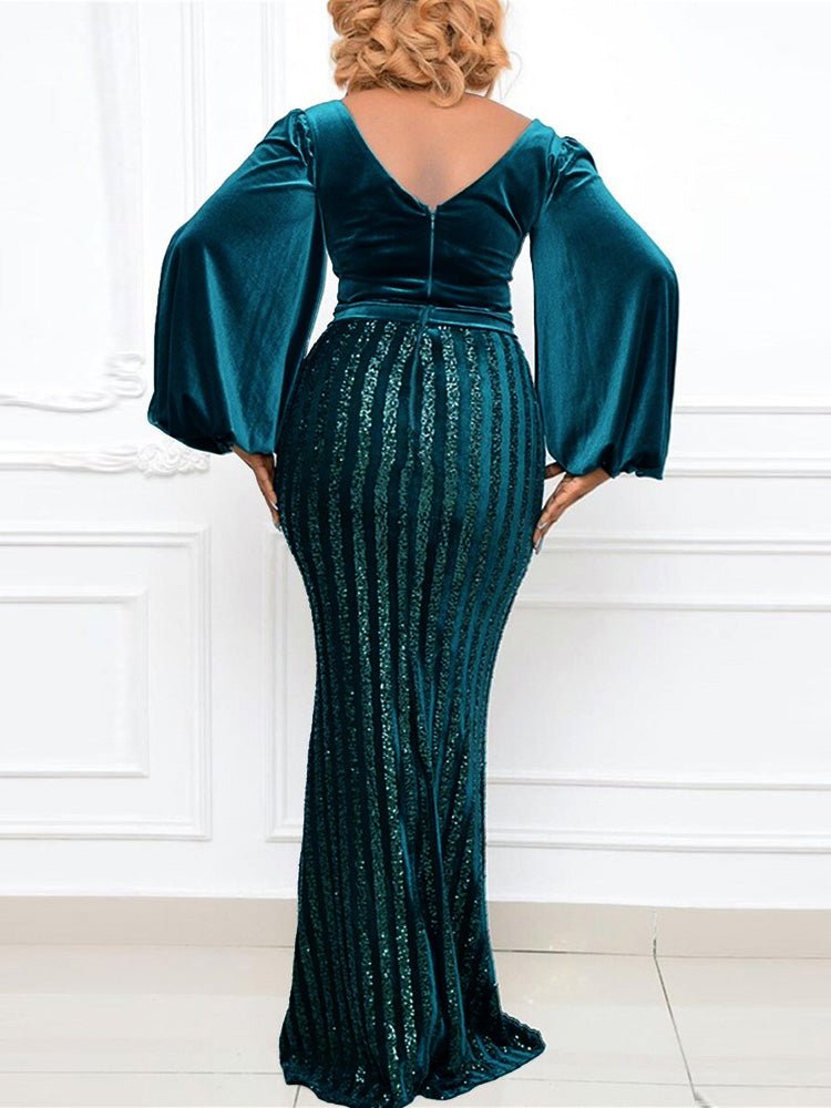 Maxi Dresses - V-Neck Hollow Long Sleeve Sequin Slit Dress - MsDressly